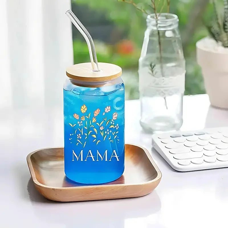 1 set of 550ml/18.7oz glass cups with bamboo covered straws and brushes, gift for mom, Mother's Day gift, mom glass jar