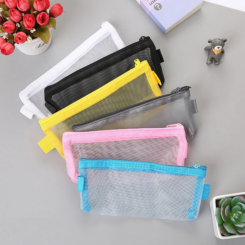 1 Piece Lytwtw's Creative Mesh Transparent Cute Square/Oval Portable Pen Pencil Pouch Bag School Office Supplies Stationery Case