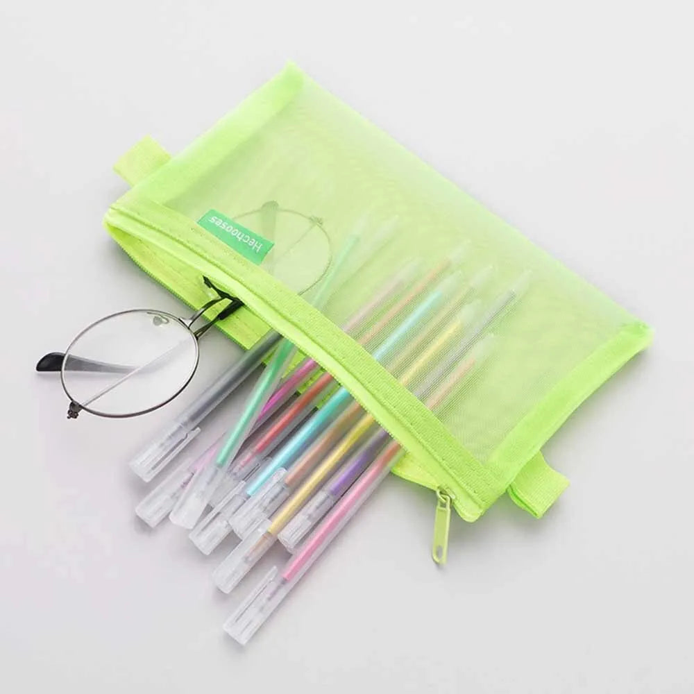 1 Piece Lytwtw's Creative Mesh Transparent Cute Square/Oval Portable Pen Pencil Pouch Bag School Office Supplies Stationery Case