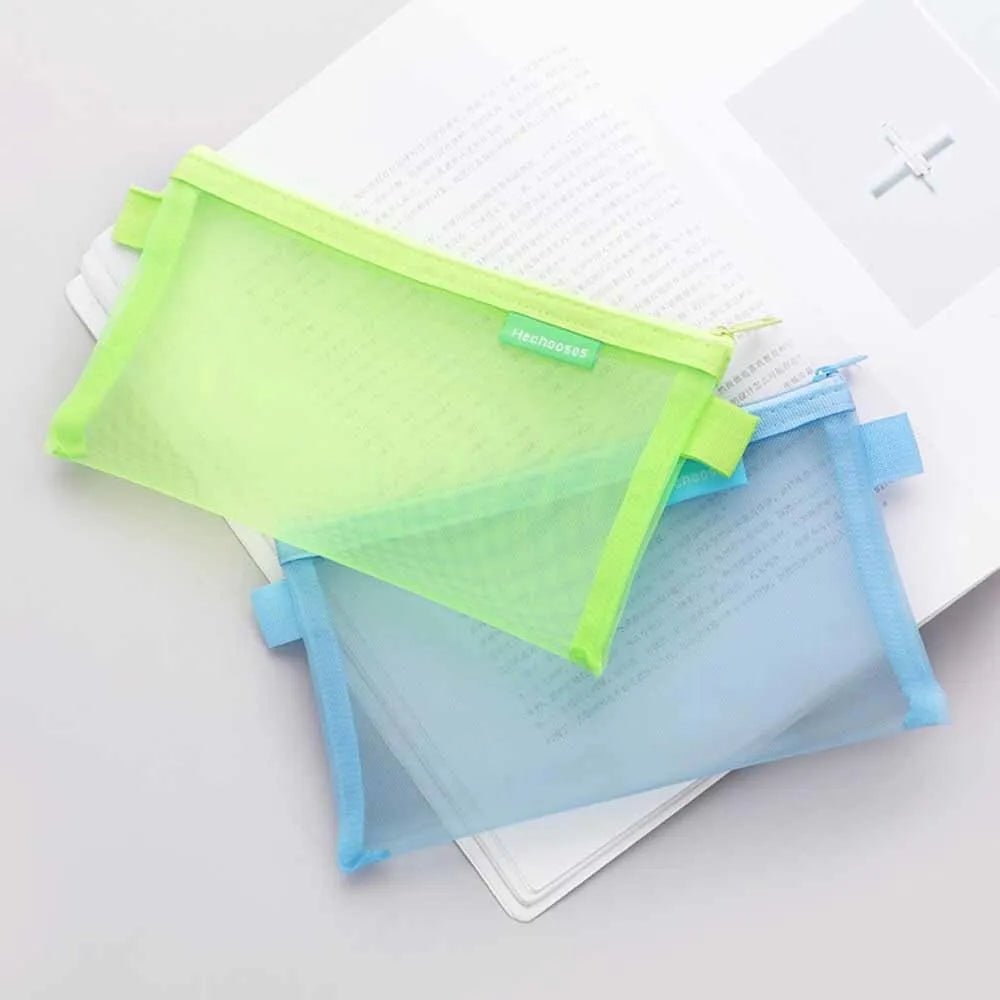 1 Piece Lytwtw's Creative Mesh Transparent Cute Square/Oval Portable Pen Pencil Pouch Bag School Office Supplies Stationery Case